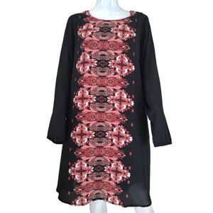 Xhilaration‎ Dress Woman XXL Black Floral Chiffon Long Sleeve Boho Midi Casual
